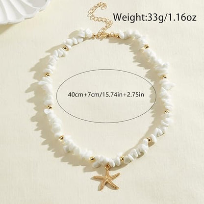 Gold Starfish Necklace Natural Stone Beaded Necklaces for Women Boho Handmade Irregular Stone Bead Necklace Summer Beach Ocean Jewelry Gift - color: White