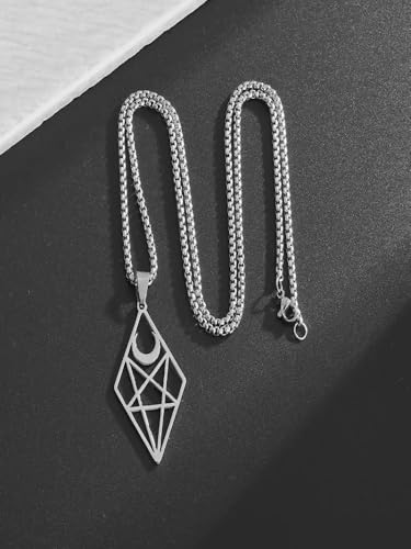Stainless Steel Inverted Five-Pointed Star and Moon Pendant Necklace Men Women Gothic Pagan Satanic Magic Jewelry - color: silvery