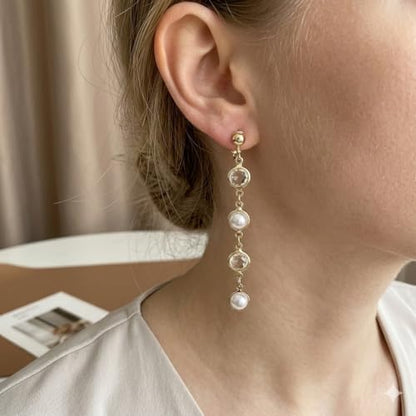 18K Gold Plated Clip On Pearl and CZ Crystal Dangle Earrings for Women, Long Drop Earrings with Round Faux Pearl and Clear Faceted Stone Links, Non Pierced Lightweight Statement Jewelry