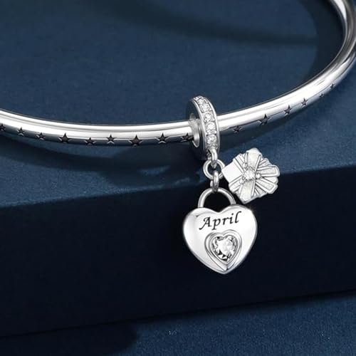 Love Heart Birthstone Dangle Charms Compatible with Pandora Bracelets | 925 Sterling Silver 5A Cubic Zirconia Mother's Day Christmas Birthday Birthstone Gifts Bead Charm Pendants Women Jewelry - color: April Dangle Birthstone Charms