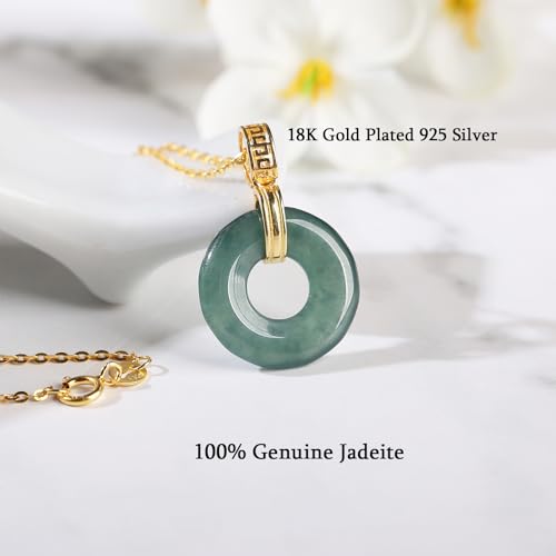 Real Green Jade Pendant Necklace for Women Donut/Heart/Clover/Teardrop/Rose/Lotus Flowers Genuine Jadeite Jewelry with Gold Plated 925 Sterling Silver Chain - style: Gold Donut Necklace