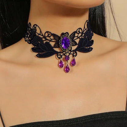 Goth Black Choker Necklace Crystal Bead Pendant Necklace for Women Gothic Velvet Lace Choker Halloween Vampire Witch Cosplay - color: A-Black and Purple