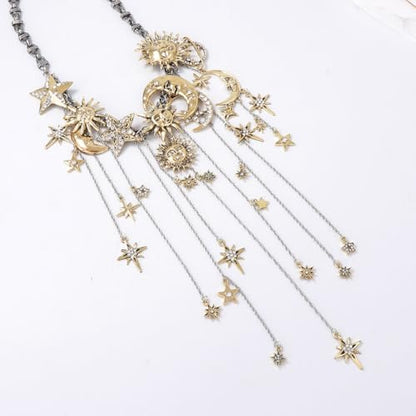 Vintage Exaggerated Alloy Zirconia Moon Star Multi-Pendant Tassel Necklace, Luxury High-End Style, Elegant Jewelry for Women
