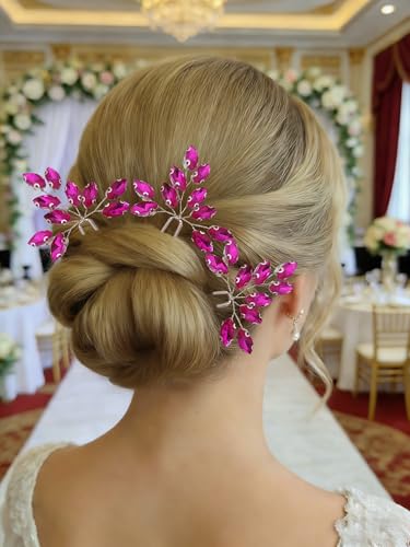Wedding Party Hair Pins for Brides Crystal Leaf Bridal Shower Headpieces Bridesmaid Honeymoon's Photography Headpieces(set of 3),Fuchsia - color: Fuchsia