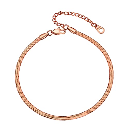 Adjustbale Link Chain Anklet for Women Summer Jewelry, 316L Stainless Steel Figaro/Wheat/Twist Rope/Cuban Foot Bracelet-Waterproof, Resizable 9"-12" (Gift Box Included) - color: 6, Herringbone - Rose Gold-3mm