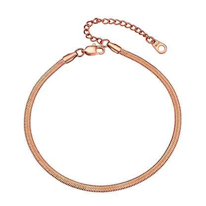 Adjustbale Link Chain Anklet for Women Summer Jewelry, 316L Stainless Steel Figaro/Wheat/Twist Rope/Cuban Foot Bracelet-Waterproof, Resizable 9"-12" (Gift Box Included) - color: 6, Herringbone - Rose Gold-3mm