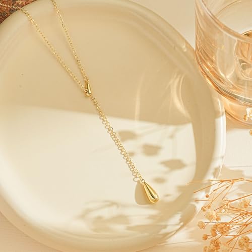 Lariat Gold Necklace for Women, 14K Gold Plated Dainty Drop Y Necklace, Waterproof Non Tarnish Long Layered Beaded Chain Lariat Necklace Prom Jewelry Summer Vacation Gift for Her - color: Gold-4