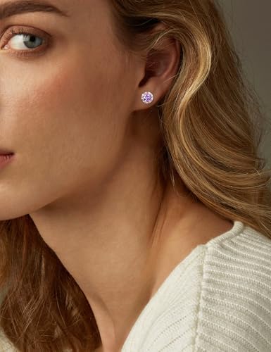 Dainty Birthstone Earrings for Women Sterling Silver Small Stud Earrings with Halo Cushion/Round Created Gemstone Earrings Birthstone Jewelry - style: B 02. Feb./created amethyst-round cut