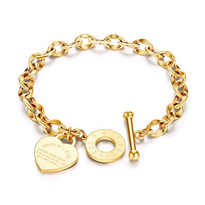 kelistom 316L Stainless Steel Love Heart Charm Bracelet for Women Romantic Gift Silver/Rose/18k Gold Plated OT Clasp Bracelets - color: 18k gold