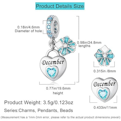 Love Heart Birthstone Dangle Charms Compatible with Pandora Bracelets | 925 Sterling Silver 5A Cubic Zirconia Mother's Day Christmas Birthday Birthstone Gifts Bead Charm Pendants Women Jewelry - color: December Dangle Birthstone Charms