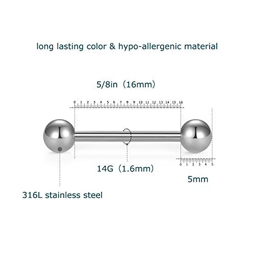 VCMART Nipple Rings Tongue Rings Stainless Steel 14G Straight Barbells Piercing Jewelry 12mm,14mm,16mm,18mm - color: 9 -16mm