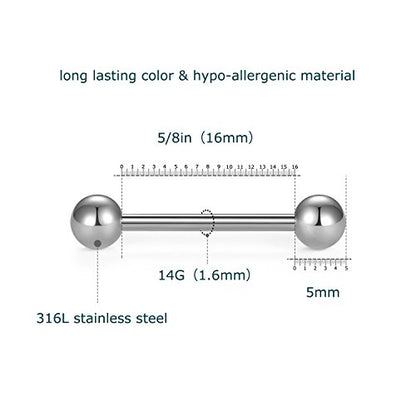 VCMART Nipple Rings Tongue Rings Stainless Steel 14G Straight Barbells Piercing Jewelry 12mm,14mm,16mm,18mm - color: 9 -16mm