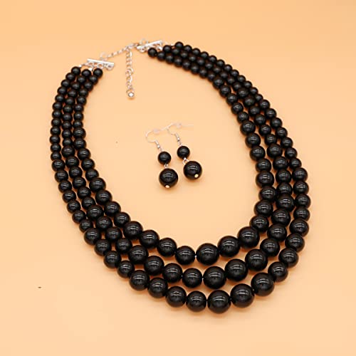 Chunky Layered Imitation Pearl Necklace for Women 3 strand Pearl Necklaces Faux Pearl Necklace Earrings Set 1920s Flapper Gatsby Costume Accessories - color: 3 strand pearl necklace Black