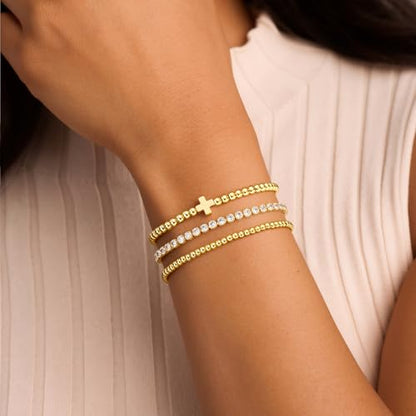 Turandoss Gold Bracelets for Women - Dainty 14K Gold Plated Tennis Bracelet | Stackable Cross Beaded Set, Twisted Rope Chain, Snake Paperclip Chain, Knot Cuff Bracelets for Women, Jewelry Gifts - color: Cross Beaded Set