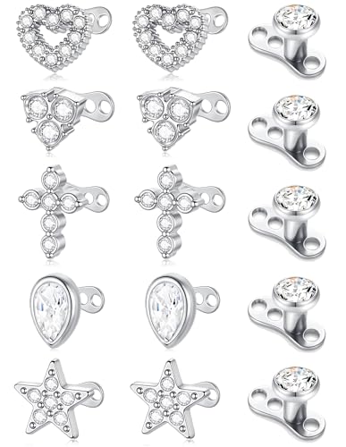 Dermal Anchor Tops and Base 14G Stainless Steel Microdermals Body Piercing Studs Punk Heart Star CZ Teardrop Tops Internally Threaded Surface Skin Piercing Jewelry for Women Men Gold Silver Color