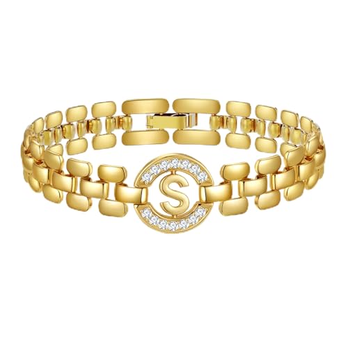 WEDDINEN Initial Bracelets for Women, 14K Gold Plated Letter A-Z Bracelets with Diamonds,Thick Chain Bracelet for Women trendy Jewelry Gifts - color: Gold-S