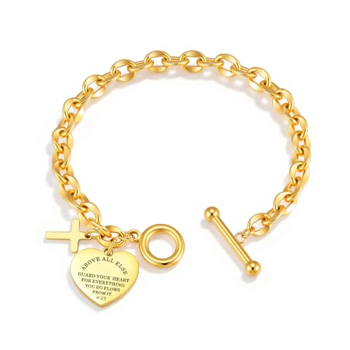 Gamtic Personalized Charm Bracelet for Women, Gold Bracelet with Cross Heart Charms, Bible Verse Christian Bracelet, Custom Engraved Stainless Steel Ot Clasp Bracelet, Faith Gifts Jewelry for Her - color: Proverbs 4:23 / Custom Back