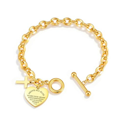 Gamtic Personalized Charm Bracelet for Women, Gold Bracelet with Cross Heart Charms, Bible Verse Christian Bracelet, Custom Engraved Stainless Steel Ot Clasp Bracelet, Faith Gifts Jewelry for Her - color: Proverbs 4:23 / Custom Back