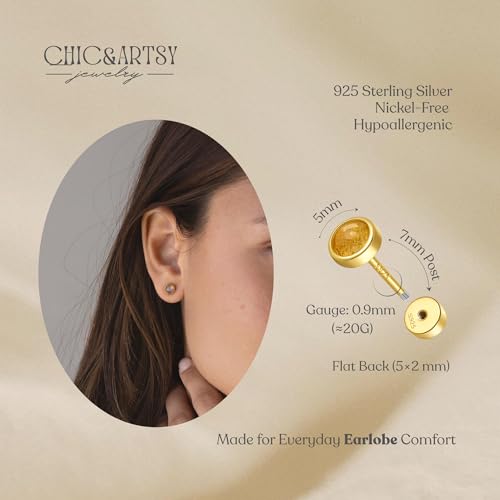CHIC & ARTSY 18K Gold Plated Solid 925 Sterling Silver Flat Back Earrings for Women Multiple Piercings Screw Back Earrings Cartilage Hypoallergenic Jewelry - style: 925 Silver Flat Back #04