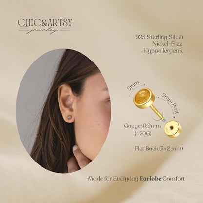CHIC & ARTSY 18K Gold Plated Solid 925 Sterling Silver Flat Back Earrings for Women Multiple Piercings Screw Back Earrings Cartilage Hypoallergenic Jewelry - style: 925 Silver Flat Back #04