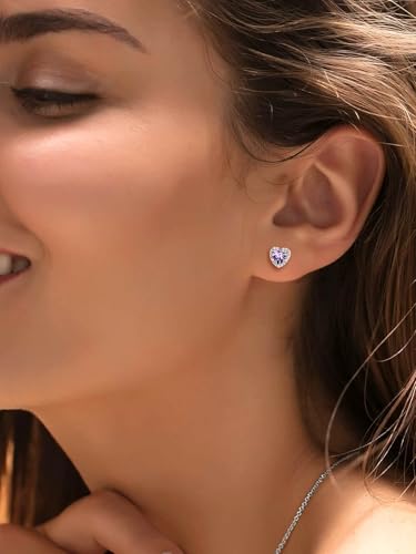 Suplight 925 Sterling Silver Birthstone Stud Earrings for Women, Round/Heart/Teardrop/Square Crystal Diamond Earrings for Women, Dainty Birthday Gifts Jewelry - color: style b-02. heart-February(Created Amethyst)