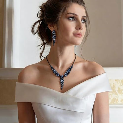 EleQueen Statement Sparkle Crystal Necklace Bracelet Dangle Earrings Set for Women, Art Deco Prom Chandelier Jewelry for Wedding Bridal - color: Black-Black-Tone