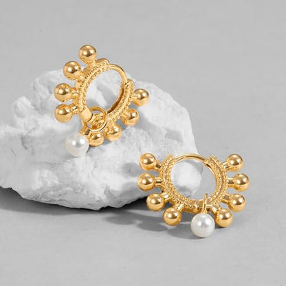 DREMMY STUDIOS Gold Dainty Huggie Hoop Earrings 18K Gold Plated Exquisite Open Tassel Dangle Charm Drop Sleeper Geometric Cross Coin Star Heart White CZ Simple Hypoallergenic Earrings for Women - color: Dangle Ball-Pearl