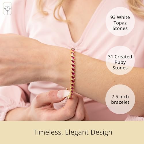 MAX + STONE 925 Sterling Silver Created Ruby Bracelet for Women | July Birthstone Ruby Bracelet | Hypoallergenic Sterling Silver Tennis Bracelets - style: Marquee Cut | White Topaz
