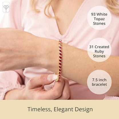 MAX + STONE 925 Sterling Silver Created Ruby Bracelet for Women | July Birthstone Ruby Bracelet | Hypoallergenic Sterling Silver Tennis Bracelets - style: Marquee Cut | White Topaz