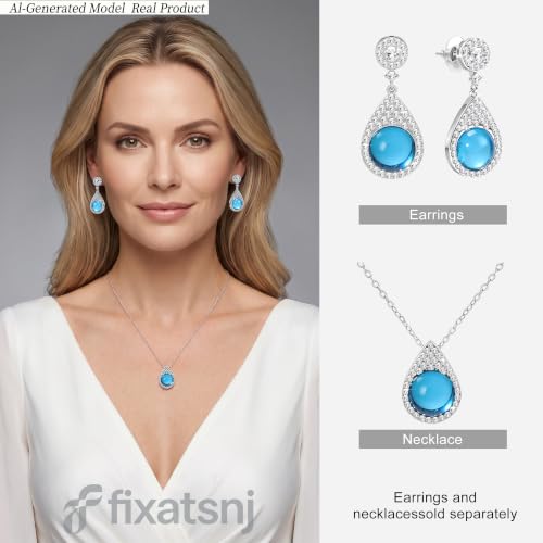 Women Trendy Faux Crystal Pendant Necklace 18K Gold/Silver Plated | CZ Halo Teardrop Drop Pendant Necklace Lightweight Fashion Jewelry Set Stackable For Wedding Daily Wear - color: Turquoise Blue
