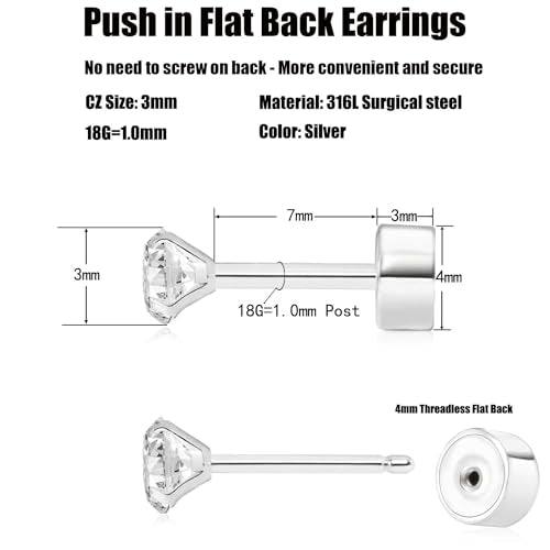 Threadless Flat Back Earrings, Hypoallergenic 14K Real Gold Plated CZ Stud Earrings | Cartilage Earring | Tragus Helix Piercing Jewelry | Push in Flatback Earrings for Women Men - color: Silver, size: 3 Millimeters