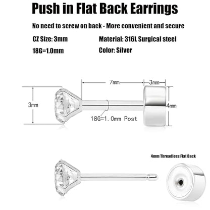 Threadless Flat Back Earrings, Hypoallergenic 14K Real Gold Plated CZ Stud Earrings | Cartilage Earring | Tragus Helix Piercing Jewelry | Push in Flatback Earrings for Women Men - color: Silver, size: 3 Millimeters