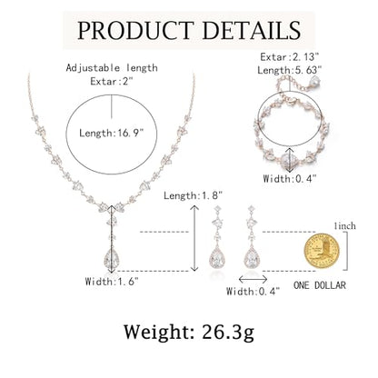 Teardrop Marquise Cubic Zirconia Wedding Prom Jewelry Set for Women Bridal | Silver/Gold/Rose Gold Plated, Pear Cut Pendant Necklace Drop Earrings Link Bracelet, for Bride Bridesmaid, for Banquet Party - style: A_Three Set, Rose Gold-Tone