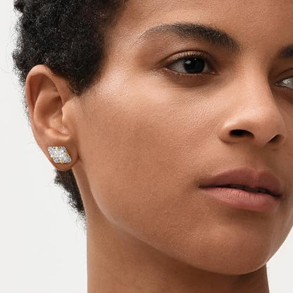 MEVECCO Pave Cubic Zirconia Stud Earrings for Women, 18K Gold Plated Brass | Pave CZ Fronts, Curved Gold Plated Edge Accents, Soft Motifs and Clean Geometric Styles - style: rhombus