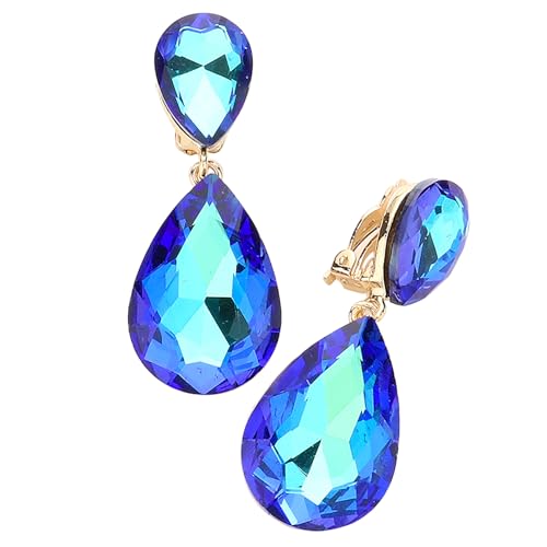 Rosemarie & Jubalee Women's Double Teardrop Statement Glass Crystal Rhinestone Dangle Clip On Bridal Earrings, 2" - color: AB Blue Crystal Gold Tone
