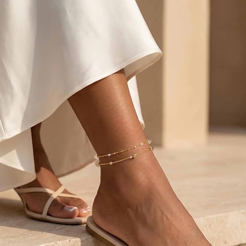 Warshion Ankle Bracelets for Women - 14K Gold Plated Waterproof Gold Anklet Delicate Chain Women's Anklets Summer Beach Pearl Jewelry Layering Gift Non Tarnish - style: ANKLETS-A