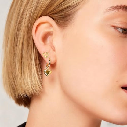 Gold Plated Post Heart Charm Huggie Earrings Stud Earrings for Women Lightweight Love Heart Drop Dangle Charm Earring