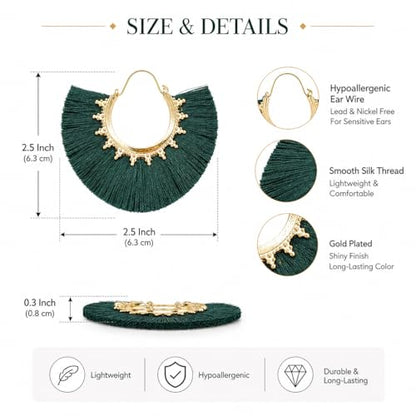 Tassel Hoop Earring Statement Thread Dangle Earrings Stylish Long Fringe Drop Earrings Lightweight Long Swingy French Hook Earrings for Women - color: B Army green