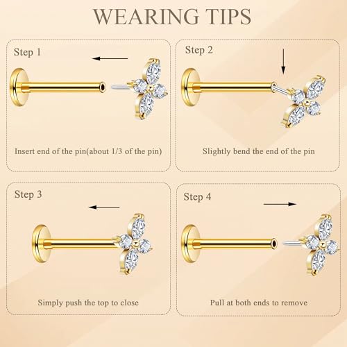 NICEIGHT 2Pcs 16G 18G F136 Titanium Threadless Cartilage Earrings Stud for Women Flat Back Push in Helix Tragus Labret Monroe Stud Hypoallergenic Flower Conch Lobe Stud Piercing Jewelry 6/8MM - color: Gold, size: 16G