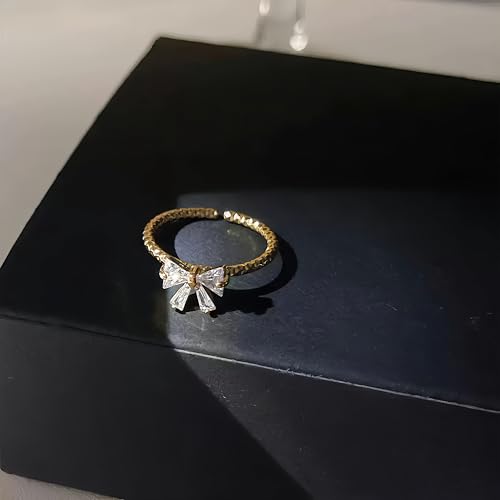 Mettclasi Women's 14K Gold Plated Stackable Ring Crystal Inlaid Dainty Trendy Cute Adjustable Open Twist Rings Jewelry Gifts - style: Bow Tie