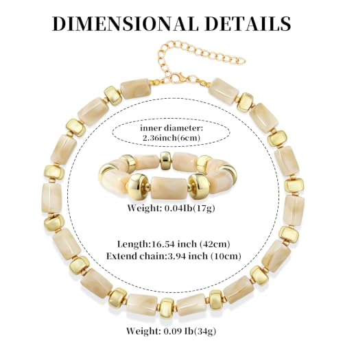YBMYCM Colorful Resin Beaded Necklace Bracelet Set for Women, Adjustable Chunky Choker Necklace with Stretch Bracelet, Boho Statement Summer Beach Jewelry Gift for Her - color: Beige