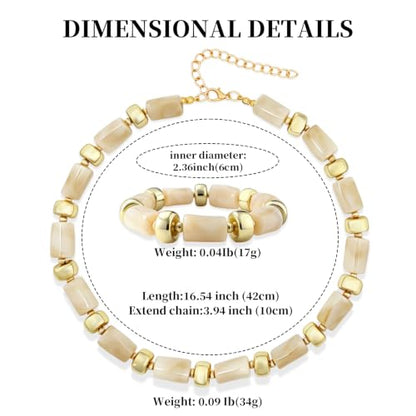 YBMYCM Colorful Resin Beaded Necklace Bracelet Set for Women, Adjustable Chunky Choker Necklace with Stretch Bracelet, Boho Statement Summer Beach Jewelry Gift for Her - color: Beige