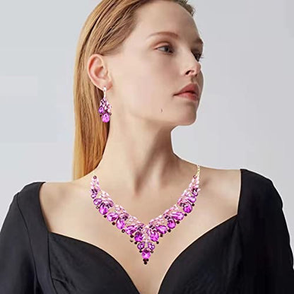 Jewelry Set for Women, Statement Necklace Dangle Earrings Bracelet Ring, White/KC Gold Plated Jewelry Set with Rhinestone Pearl Crystal Wedding Party Jewelry for Bridal Bridesmaid - color: Deep Purple-Gold Plated