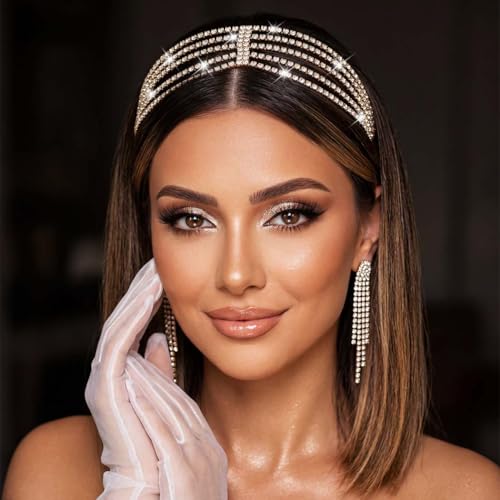 BARTOSI Rhinestone Head Chain Gold Bridal Headpiece Accessories for Women | Forehead Wedding Headband Elastic Crystal Hair Band Sparkly Prom Hair Jewelry - color: B-Gold