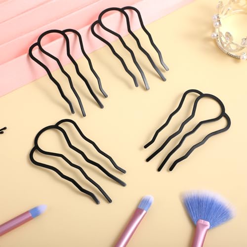 Gjinxi Hair Side Combs Metal Hair Fork Clip 4PCS French Hairpins for Buns Hairs Updo U-Shape 4 Prong Hairs Sticks Styling Tool Accessories Twist Black Headpieces for Women Decoration