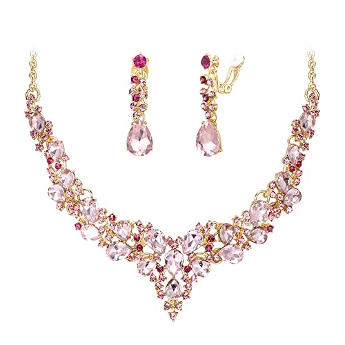 Wedding Statement Necklace Clip-on Earrings Jewelry Set | Sparkling Austrian Crystal Teardrop Cluster for Party Prom Accessories - color: 11-Pink Gold-Tone
