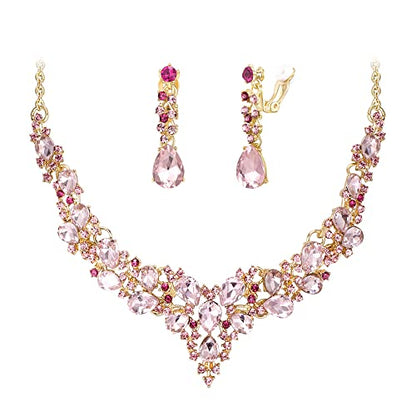 Wedding Statement Necklace Clip-on Earrings Jewelry Set | Sparkling Austrian Crystal Teardrop Cluster for Party Prom Accessories - color: 11-Pink Gold-Tone