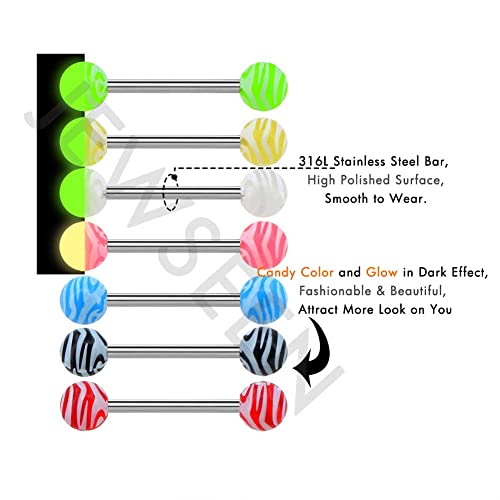 7PCS Tongue Piercing Jewelry 14G 316L Stainless Steel Tongue Rings Glow in The Dark Tongue Barbell Candy Color Tongue Bar