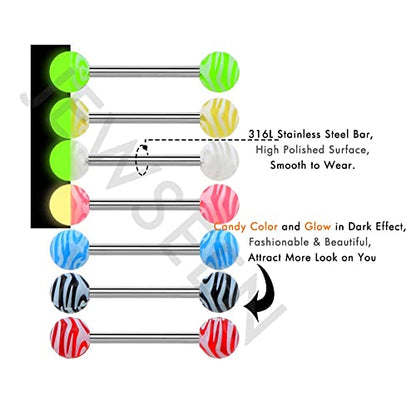 7PCS Tongue Piercing Jewelry 14G 316L Stainless Steel Tongue Rings Glow in The Dark Tongue Barbell Candy Color Tongue Bar