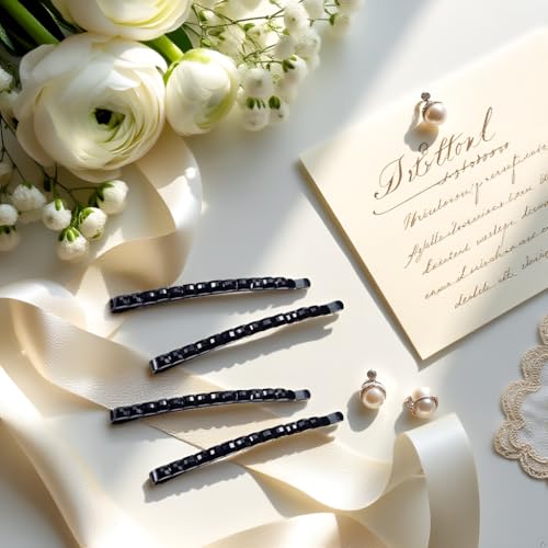 4Pcs Black Rhinestone Bobby Pins, Black Bobby Pins，Sparkly Crystal Diamond Hair Pins for Women, Metal Decorative Hair Barrettes for Decoration Hair Accessories